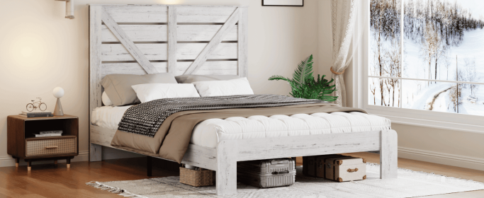 King Bed Frame Headboard , Wood Platform Bed Frame , Noise Free,No Box Spring Needed and Easy Assembly Tool,Large Under Bed Storage,White
