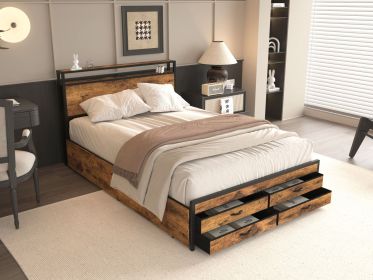 Queen Size Bed Frame with 8 Storage Drawers, LED Headboard with Charging Station, Metal Platform Bed Frame, No Box Spring Needed, Noise-Free