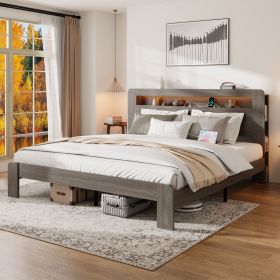 Bed Frame King Size, Wood Platform Bed Frame with Storage LED Light Headboard and 2 USB , Noise Free,No Box Spring Needed and Easy Assembly Tool