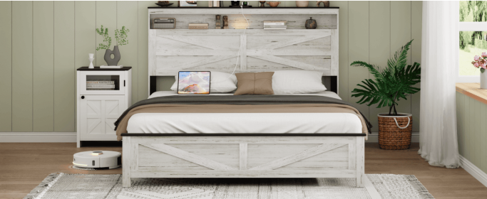 Fully floating bed frame with LED lights and charging station cushion platform bed frame, large bed, with headboard and hidden storage space