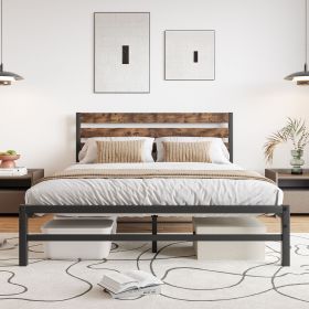 Queen Size Platform Bed Frame with Rustic Vintage Wood Headboard, Strong Metal Slats Support Mattress Foundation, No Box Spring Needed Rustic Bro