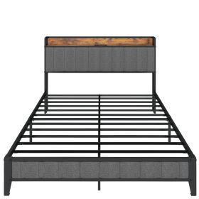 Full Size Bed Frame with Charging Station, Upholstered Headboard, Metal Platform, Grey
