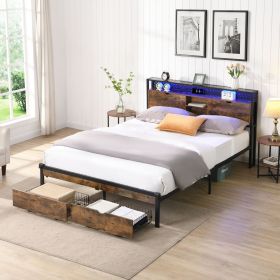 King Size Metal Platform Bed Frame with Wooden Headboard and with Footboard USB,Charging Station,2 Drawers,storage, LED Lights, No Box Spring Nee