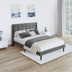 Queen Size Upholstered Platform Bed Frame with Modern Button Tufted Linen Fabric Headboard, No Box Spring Needed, Wood Slat Support, Easy Assembl