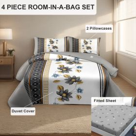 4 Piece Soft All-Season Washed Microfiber Cover Set , Queen/King/Calking Bedding Set With Zipper Closure, Sheet, Pillowcases,Print, Moisture-Wick (Color: grey/white flower, size: King)