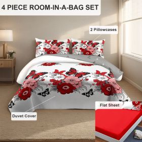 4 Piece Soft All-Season Washed Microfiber Cover Set , Queen/King/Calking Bedding Set With Zipper Closure, Sheet, Pillowcases,Print, Moisture-Wick (Color: red butterfly peony, size: King)