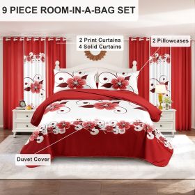9 Piece Soft All-Season Washed Microfiber Cover Set , Queen/King Bedding Set With Zipper Closure, Sheet, Pillowcases,Shams & curtains, Print (Color: red/white gardenia, size: CAL KING)