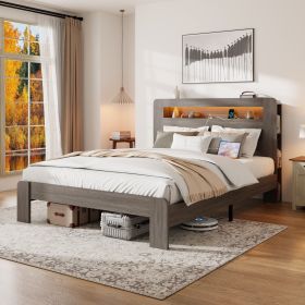 Bed Frame Queen Size, Wood Platform Bed Frame with Storage LED Light Headboard and 2 USB , Noise Free,No Box Spring Needed and Easy Assembly Tool (Main Color: Antique Dark Grey, Main Material: Metal & Wood)