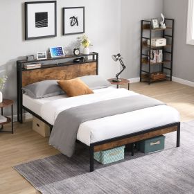 Full Size Metal Platform Bed Frame with Wooden Headboard and Footboard with USB LINER, No Box Spring Needed, Large Under Bed Storage, Easy Assemb (Color: as Pic)