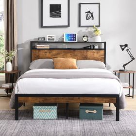 Queen Size Metal Platform Bed Frame with Wooden Headboard and Footboard with USB LINER, No Box Spring Needed, Large Under Bed Storage, Easy Assem (size: Queen)