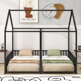 Metal Twin Size House Platform Beds, Two Shared Beds (Color: black)