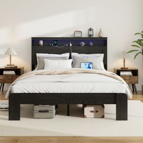 Bed Frame Queen Size, Wood Platform Bed Frame with Storage LED Light Headboard and 2 USB , Noise Free,No Box Spring Needed and Easy Assembly Tool (Main Color: Black, Main Material: Wood+Metal)